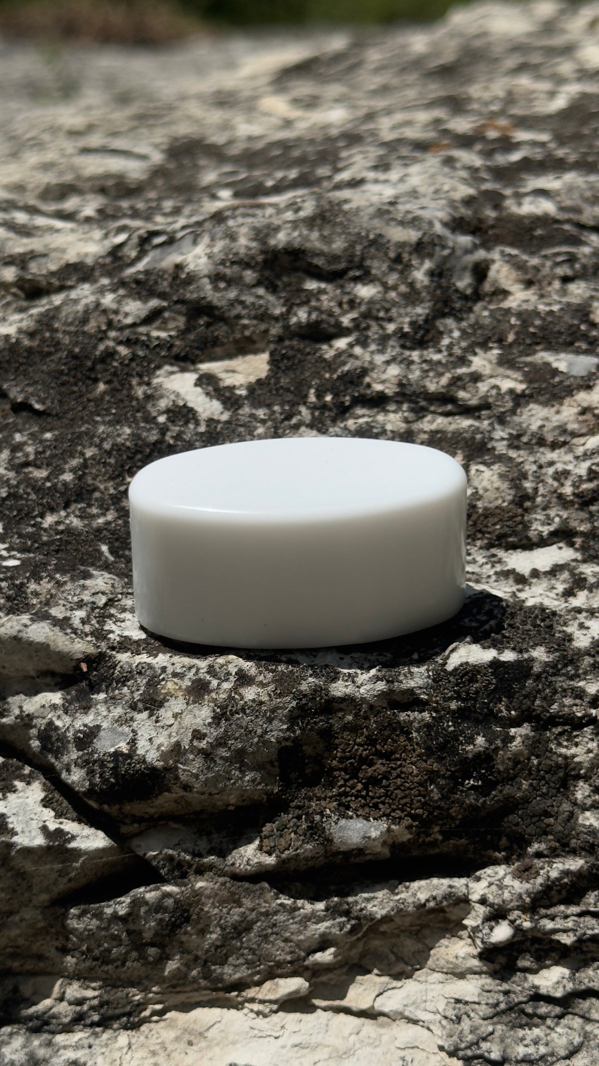 Magic Mag matte white magnet puck on a limestone creek rock